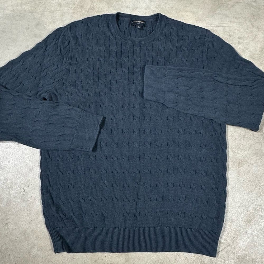 Banana Republic Mens Crewneck Cotton Cable Knit Sweater Size XL Navy Blue